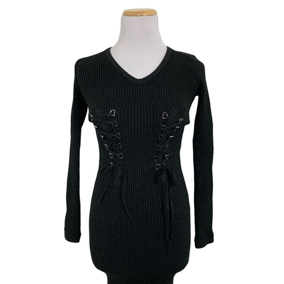 Guess Metallic Ribbed Knit Lace Up Corset Bodycon Dress Retro Y2K - Picture 4 of 12